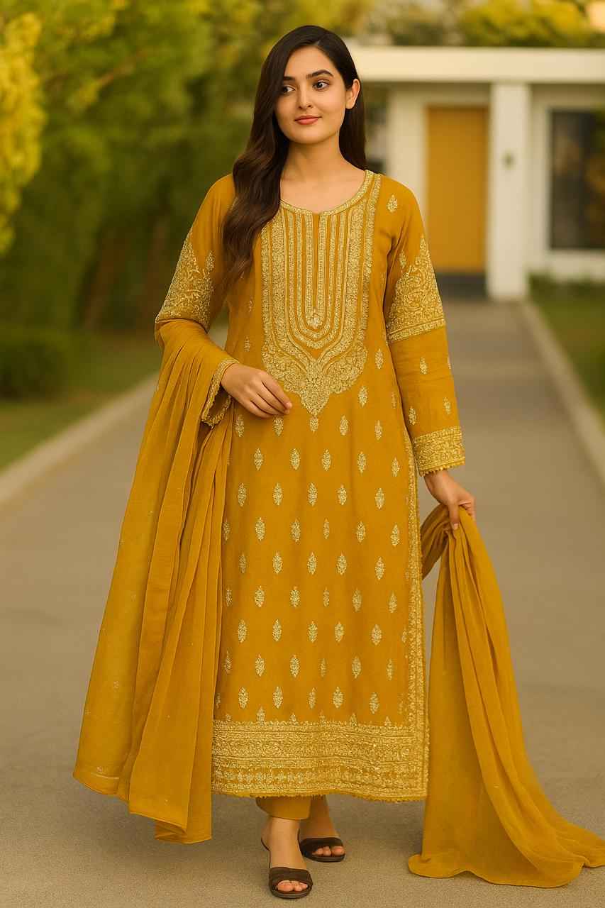 Elegant Chiffon Ensemble | Handmade Long Shirt, Trouser & Embroidered Dupatta