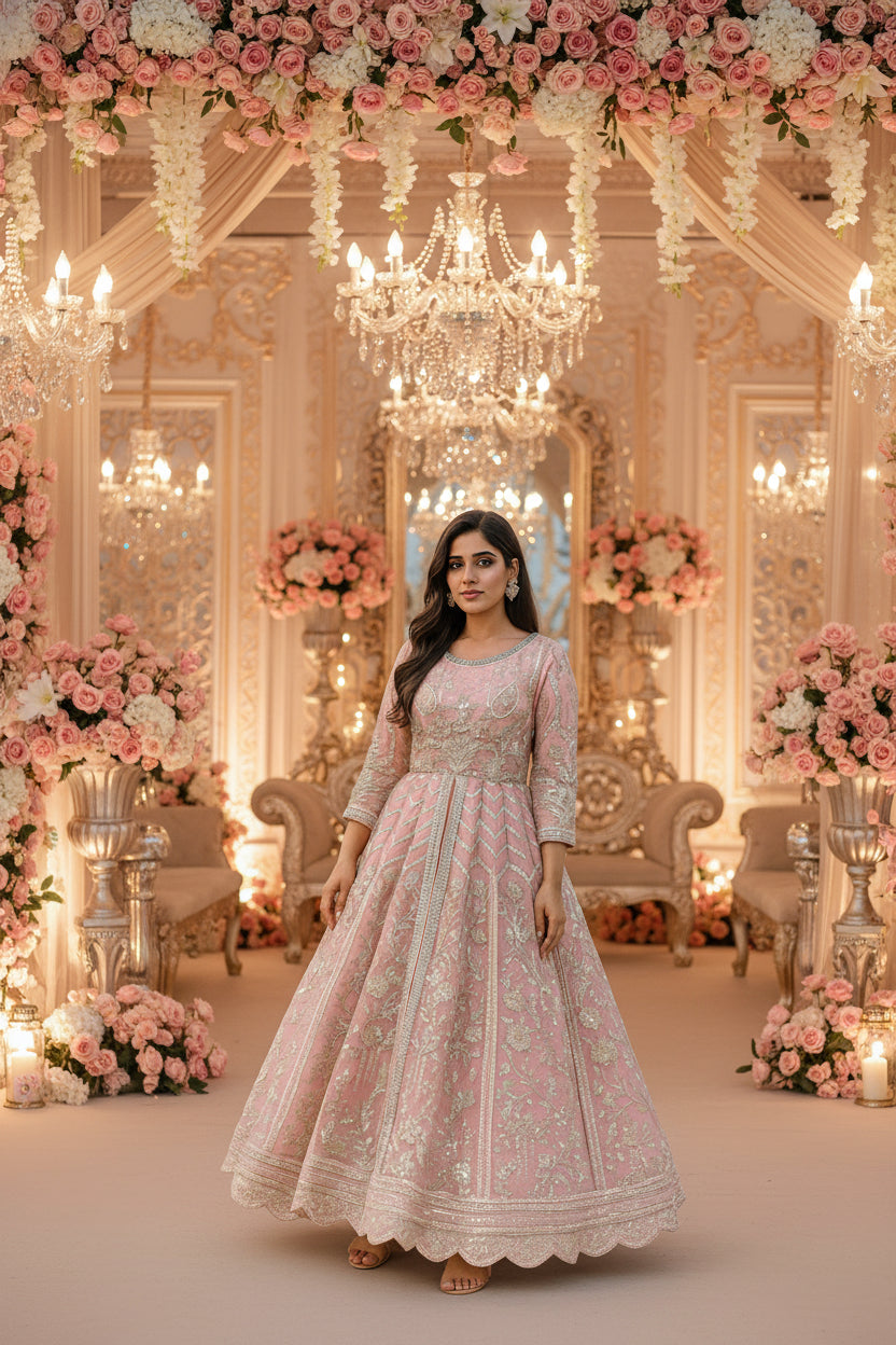 Organza Wedding Wear Maxi | Heavy Embroidery & Handmade Stone Work | Big Flare & Long Length 3-Piece Dress