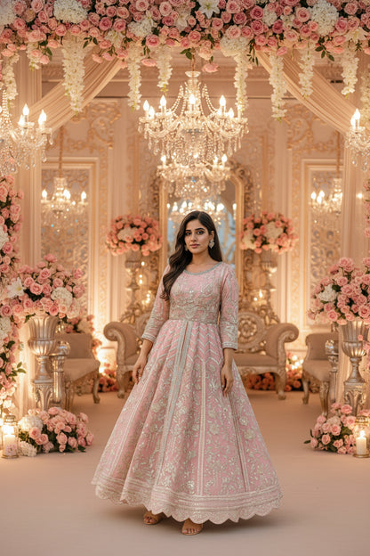 Organza Wedding Wear Maxi | Heavy Embroidery & Handmade Stone Work | Big Flare & Long Length 3-Piece Dress