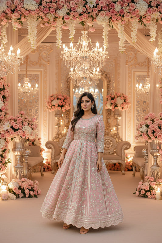 Organza Wedding Wear Maxi | Heavy Embroidery & Handmade Stone Work | Big Flare & Long Length 3-Piece Dress