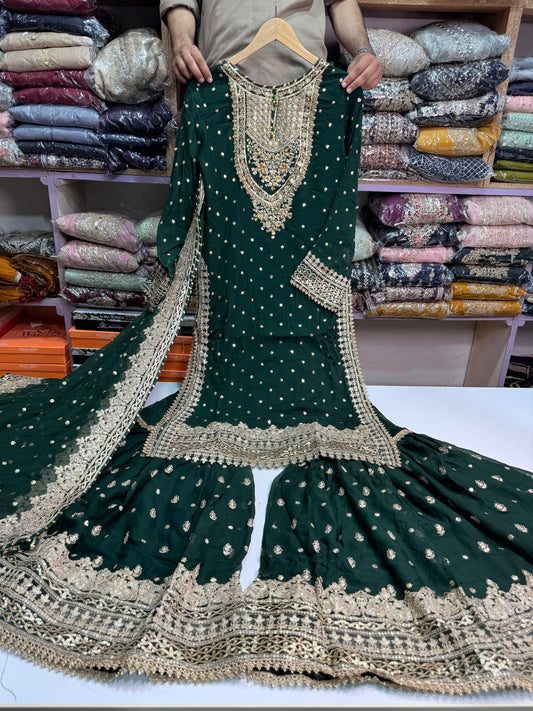 CHIFFON FABRIC 3-piece Long Embroidered Shirt With Ghrara