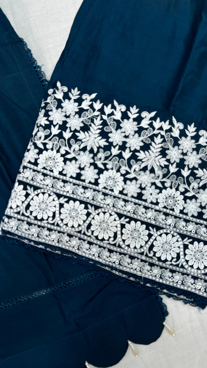 Viscose Embroidered Suit | Stylish Plazo Set with Organza Dupatta & Cutwork Border