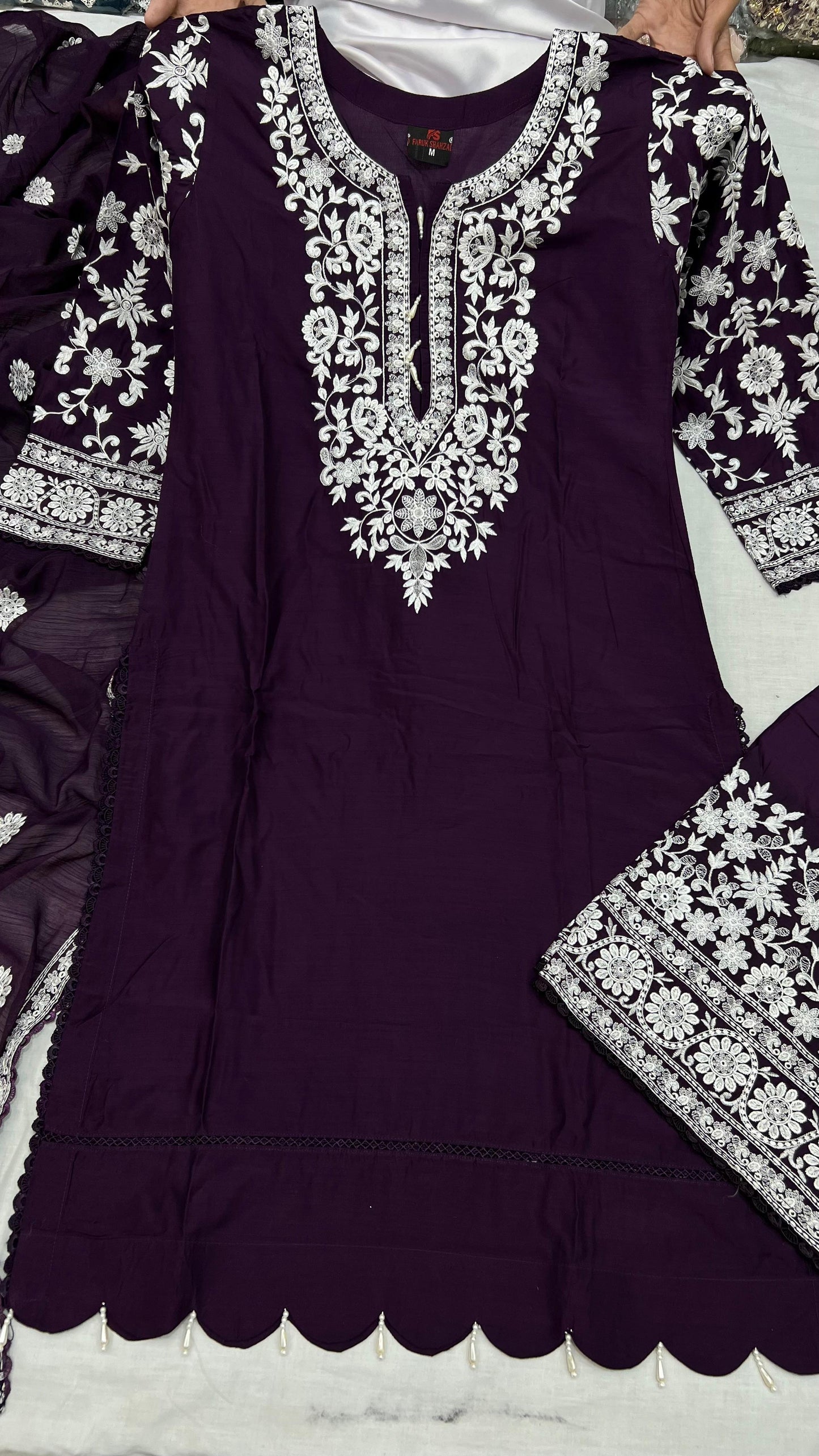 Viscose Embroidered Suit | Stylish Plazo Set with Organza Dupatta & Cutwork Border