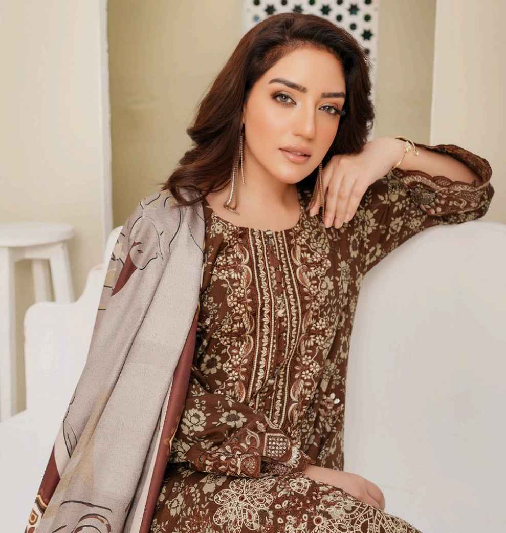 Dhanak Print Fabric Suit | Patch & Boring Work with Printed Shawl – Winter Collection