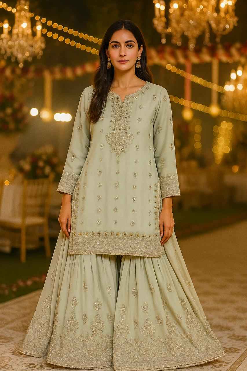 New Chiffon Dress with Handmade Work | Gharara & Dupatta