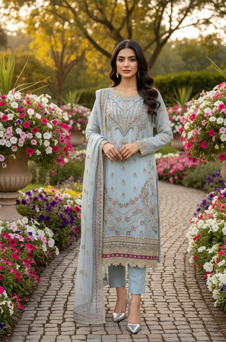 Chiffon Shirt with Grip Trouser & Embroidered Chiffon Dupatta
