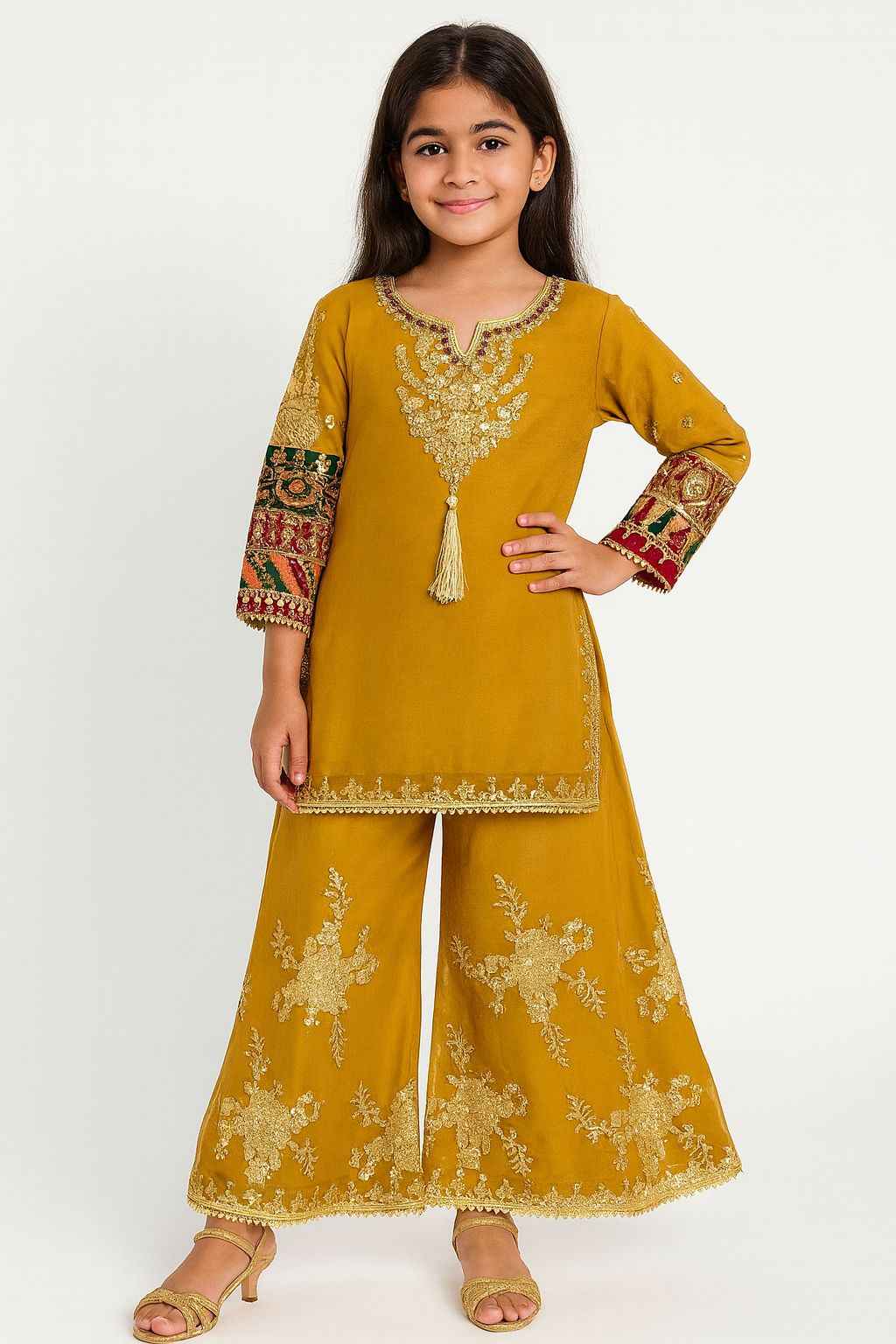 Kids Chiffon Dress | Embroidered Plazo & Multicolor Sleeve Work