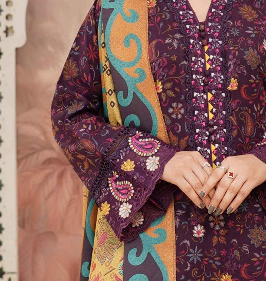 Dhanak Print Fabric Suit | Patch & Boring Work with Printed Shawl – Winter Collection