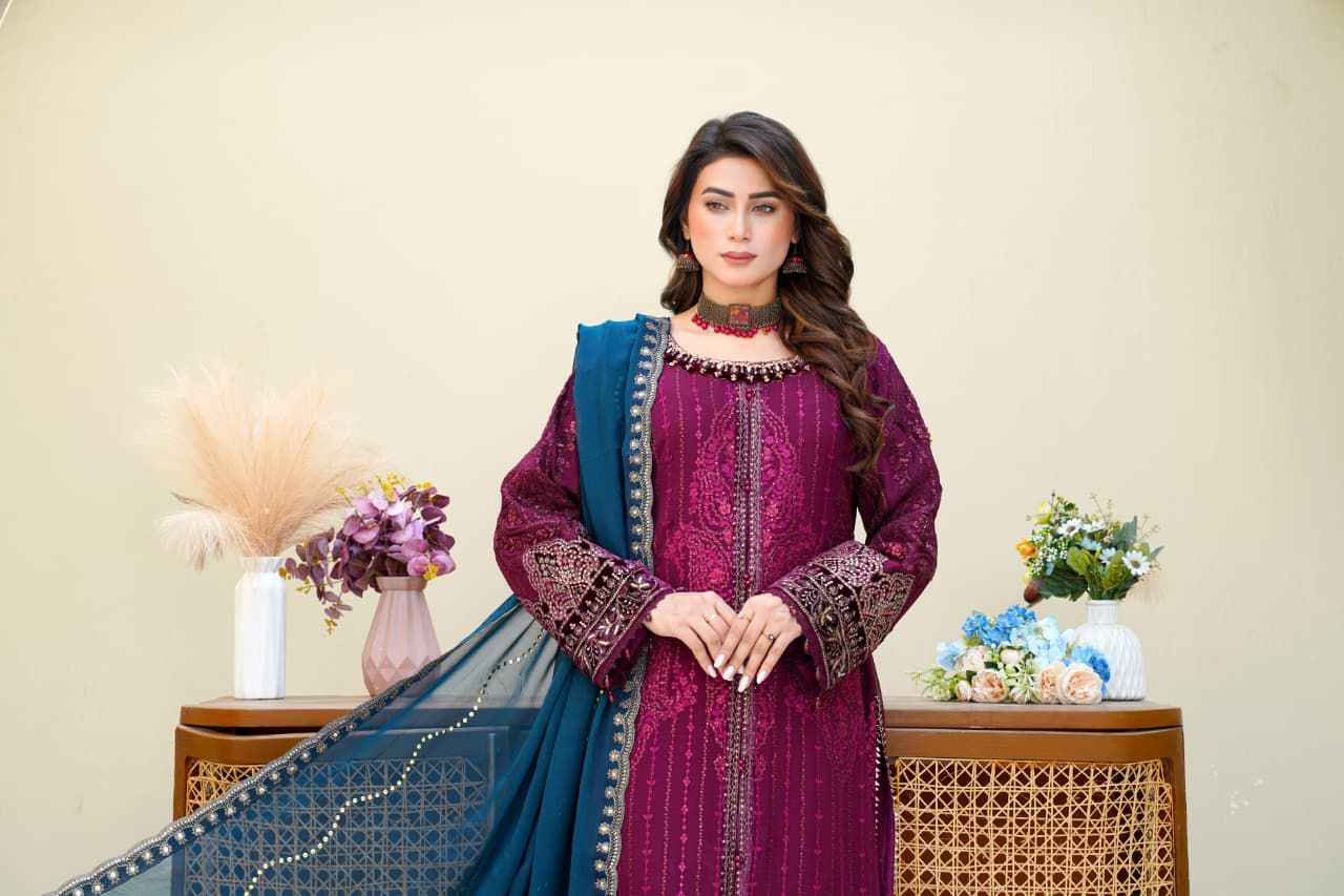 Chiffon Luxury Party Wear Dress – Maria B Inspired | Heavy Embroidered Dupatta
