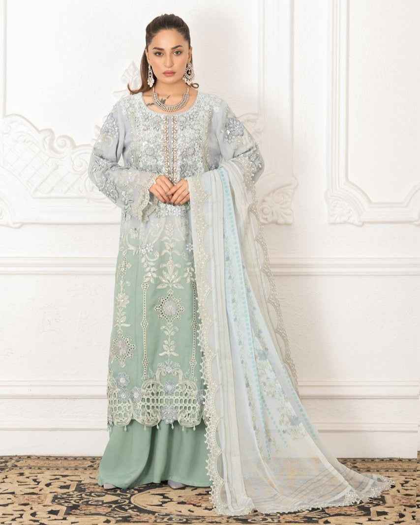 3PC Ready To Wear | Chiffon Elegance with Pearl & Stone Embellishments