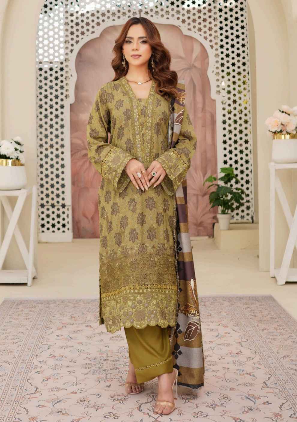 Dhanak Print Fabric Suit | Patch & Boring Work with Printed Shawl – Winter Collection