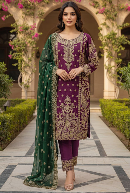 Chiffon Shirt with Embroidered Chiffon Dupatta & Grip Trouser with Embroidered Patch