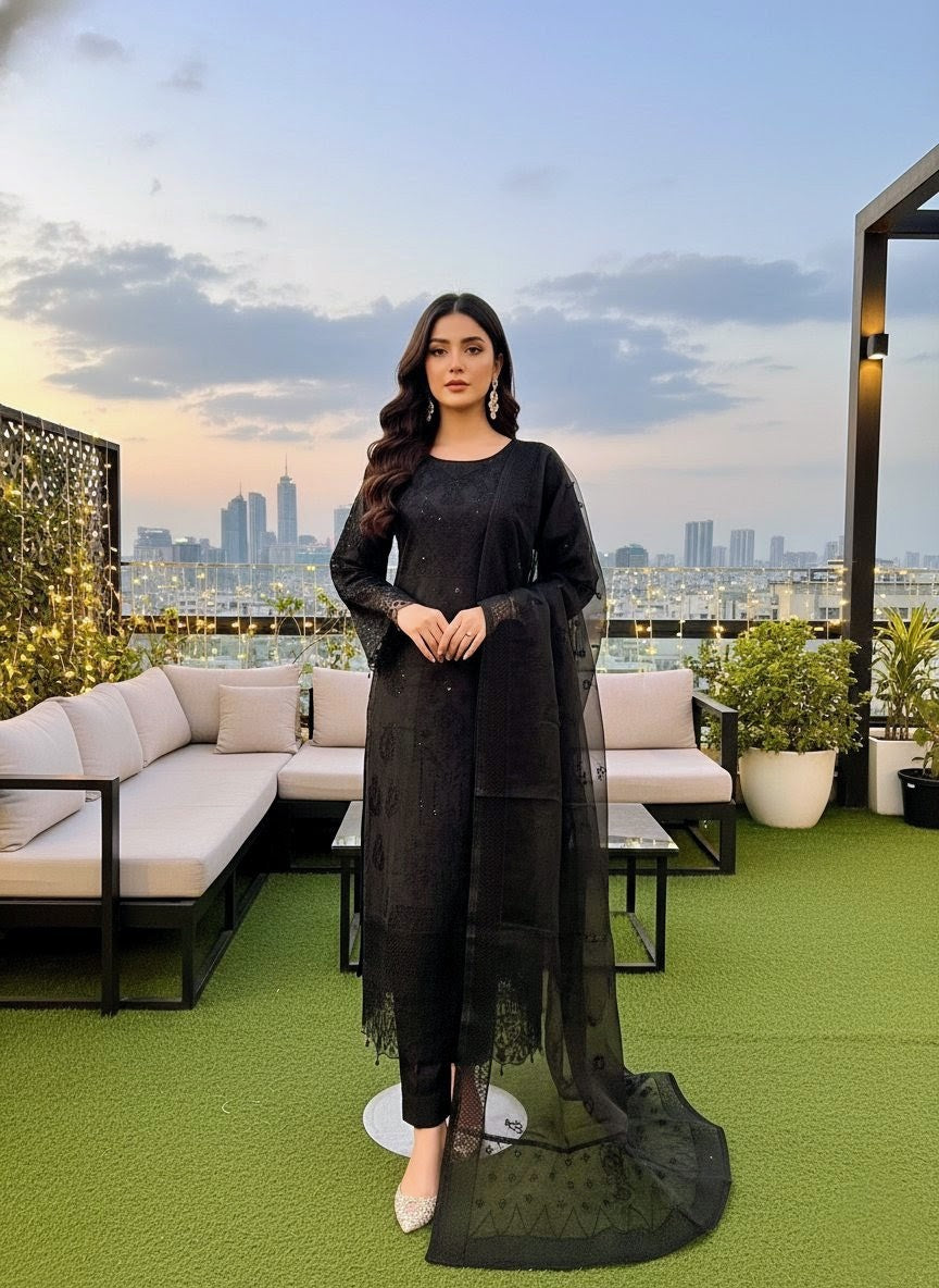 KHADDI COTTON FABRIC Long Frock With Heavy Embroidered Organza Fabric Dupatta Collection 2025