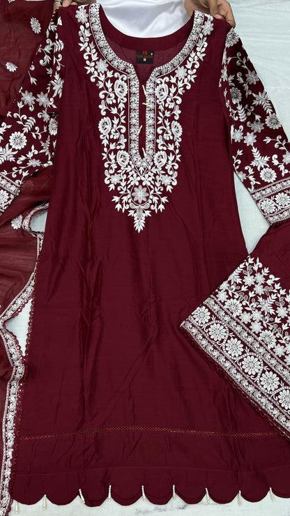 Viscose Embroidered Suit | Stylish Plazo Set with Organza Dupatta & Cutwork Border