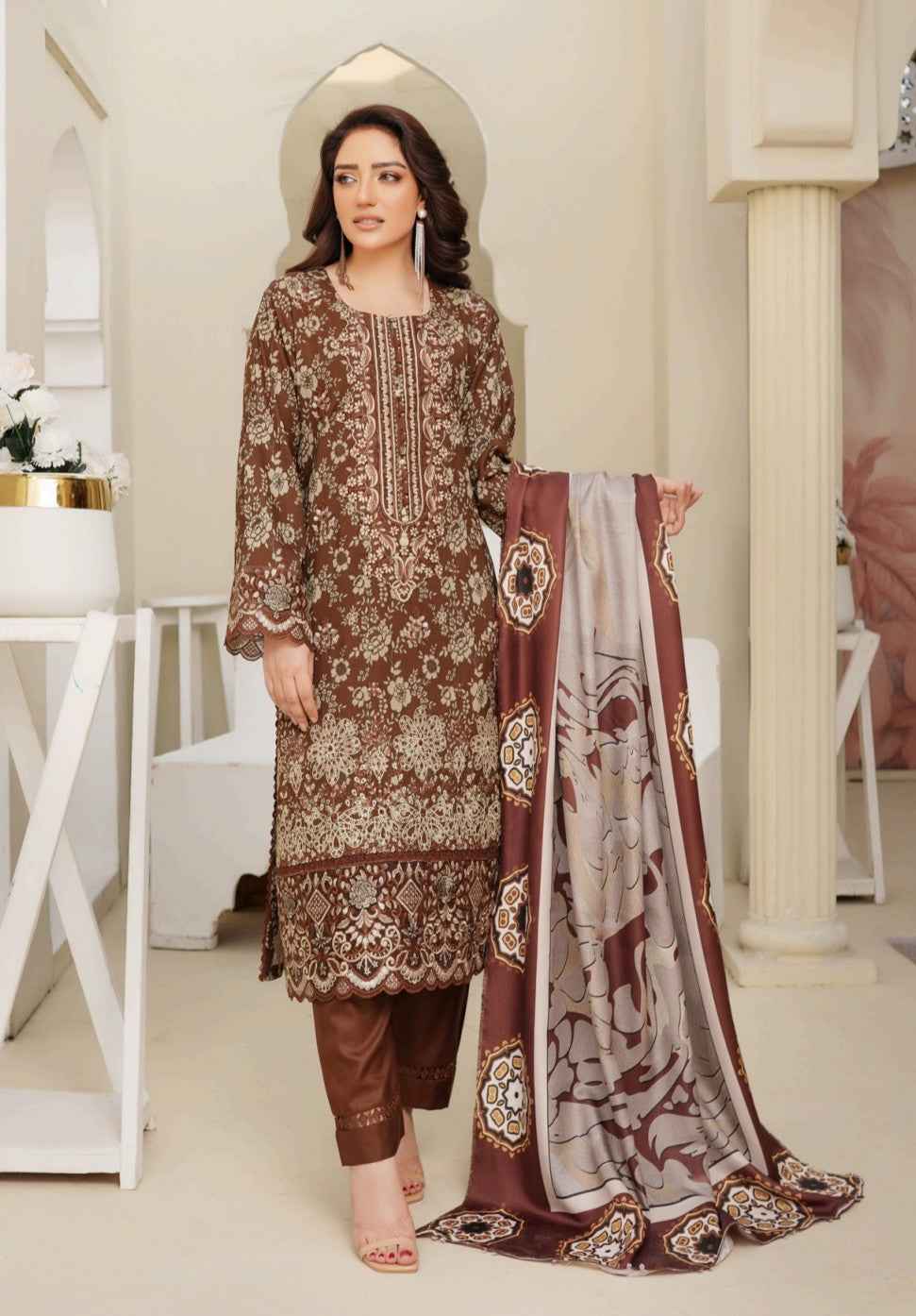 Dhanak Print Fabric Suit | Patch & Boring Work with Printed Shawl – Winter Collection