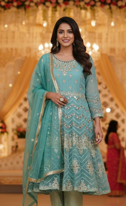 Organza Short Frock with Handmade Work & Chiffon Dupatta