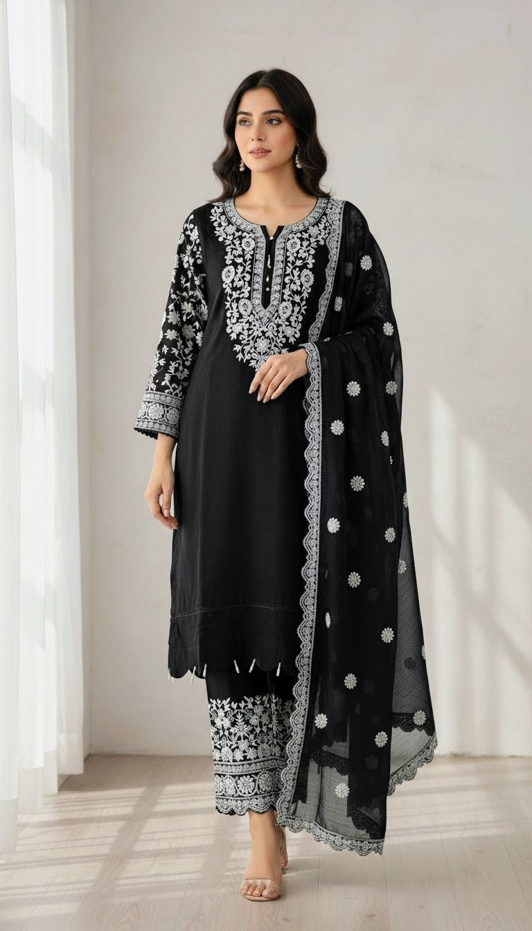 Viscose Embroidered Suit | Stylish Plazo Set with Organza Dupatta & Cutwork Border
