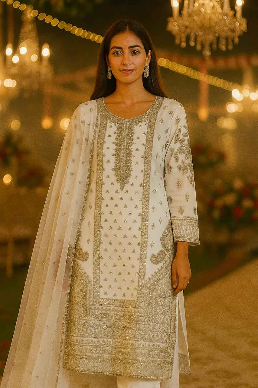 Handcrafted Organza 3PC Dress | Embroidered Dupatta & Grip Trouser