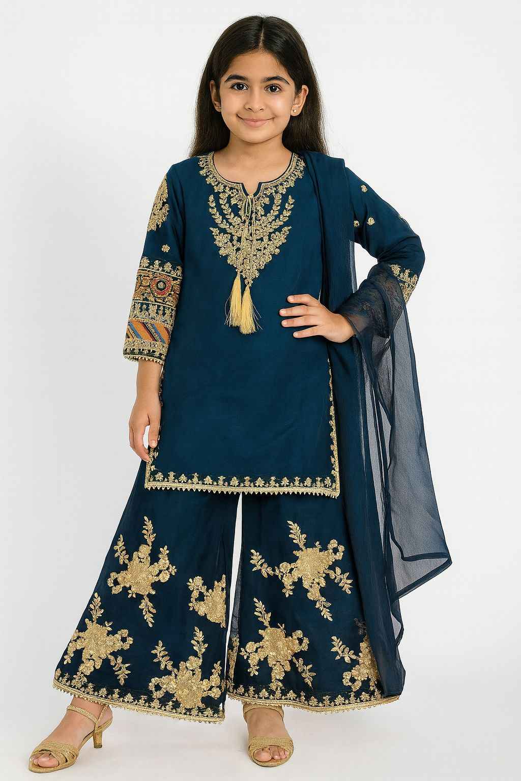 Kids Chiffon Dress | Embroidered Plazo & Multicolor Sleeve Work