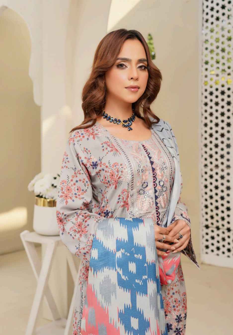 Dhanak Print Fabric Suit | Patch & Boring Work with Printed Shawl – Winter Collection