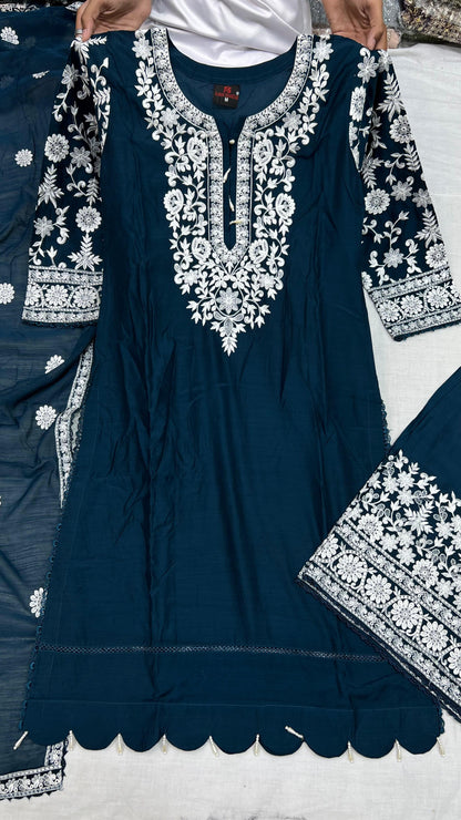 Viscose Embroidered Suit | Stylish Plazo Set with Organza Dupatta & Cutwork Border