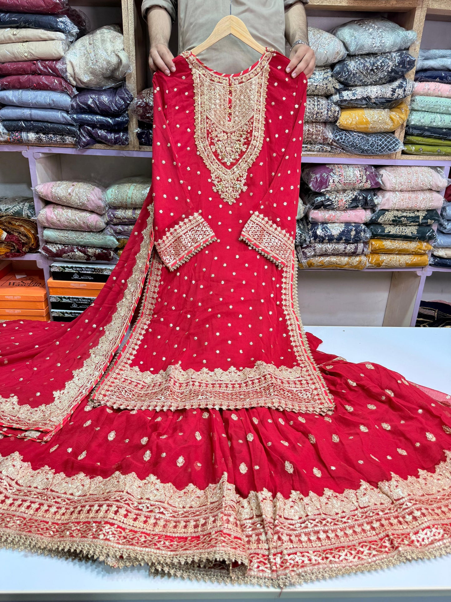 CHIFFON FABRIC 3-piece Long Embroidered Shirt With Ghrara