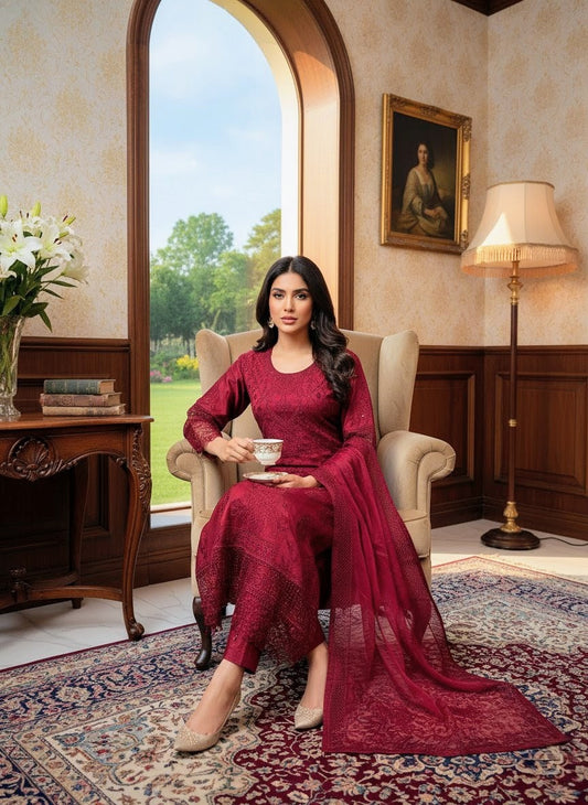 KHADDI COTTON FABRIC Long Frock With Heavy Embroidered Organza Fabric Dupatta Collection 2025