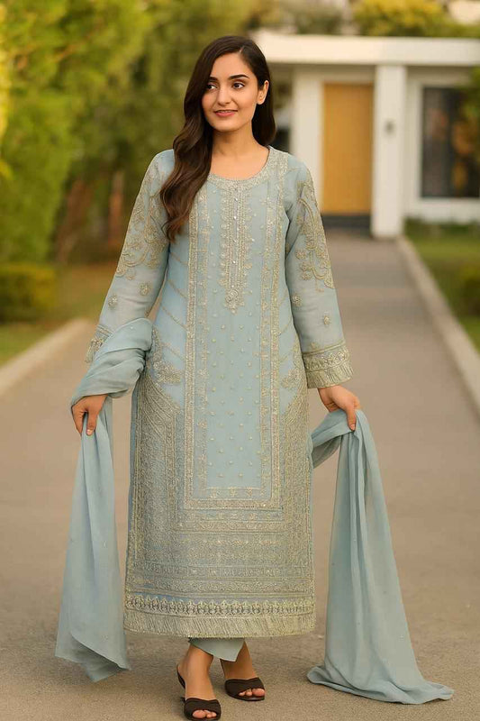 Handcrafted Organza 3PC Dress | Embroidered Dupatta & Grip Trouser