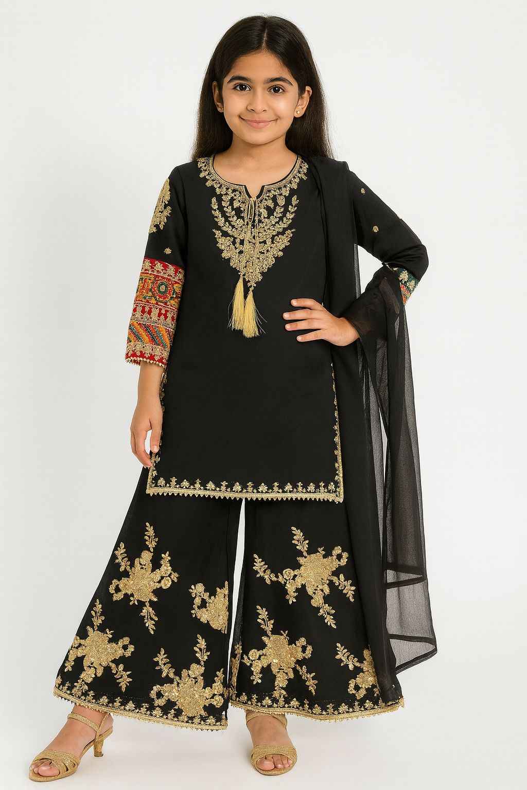Kids Chiffon Dress | Embroidered Plazo & Multicolor Sleeve Work