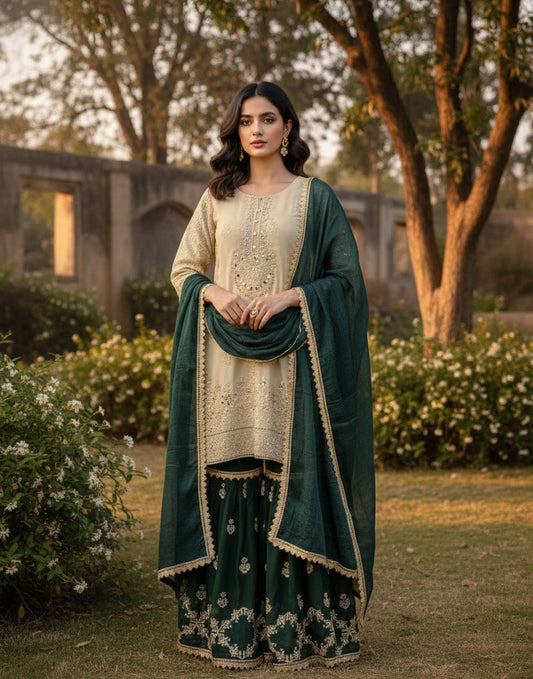 Organza Shirt with Chiffon Gharara & Embroidered Chiffon Dupatta