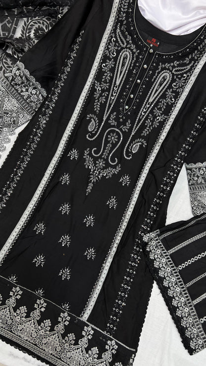Heavy Embroidered Suit | Embroidered Shirt & Palazzo with Digital Print Dupatta and Cutwork Border