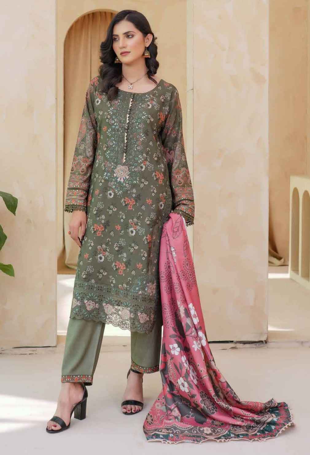 Dhanak Print Fabric Suit | Patch & Boring Work with Printed Shawl – Winter Collection