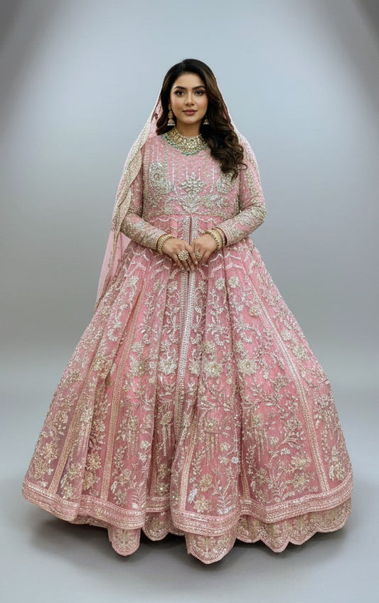 Organza Wedding Wear Maxi | Heavy Embroidery & Handmade Stone Work | Big Flare & Long Length 3-Piece Dress