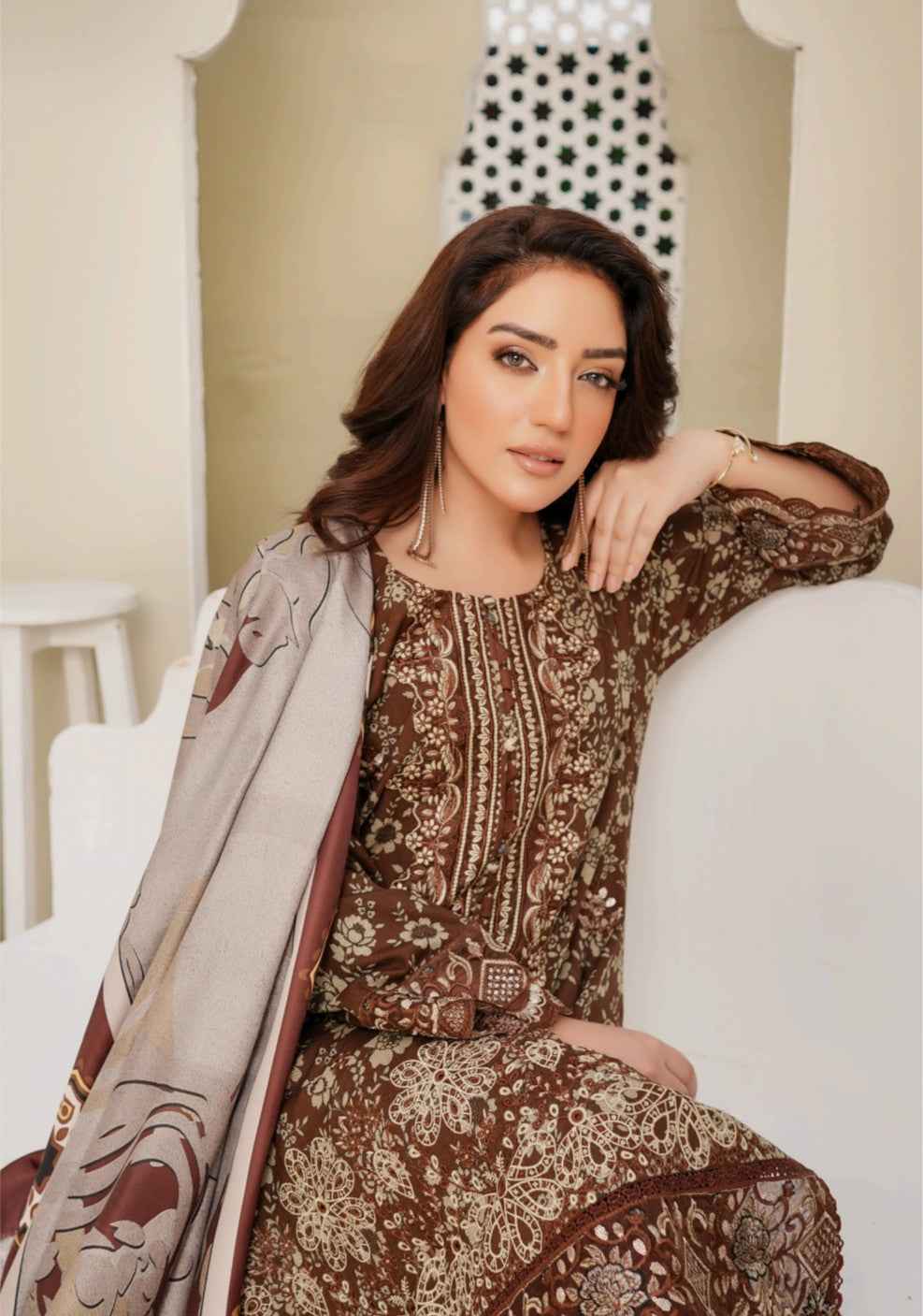 Dhanak Print Fabric Suit | Patch & Boring Work with Printed Shawl – Winter Collection