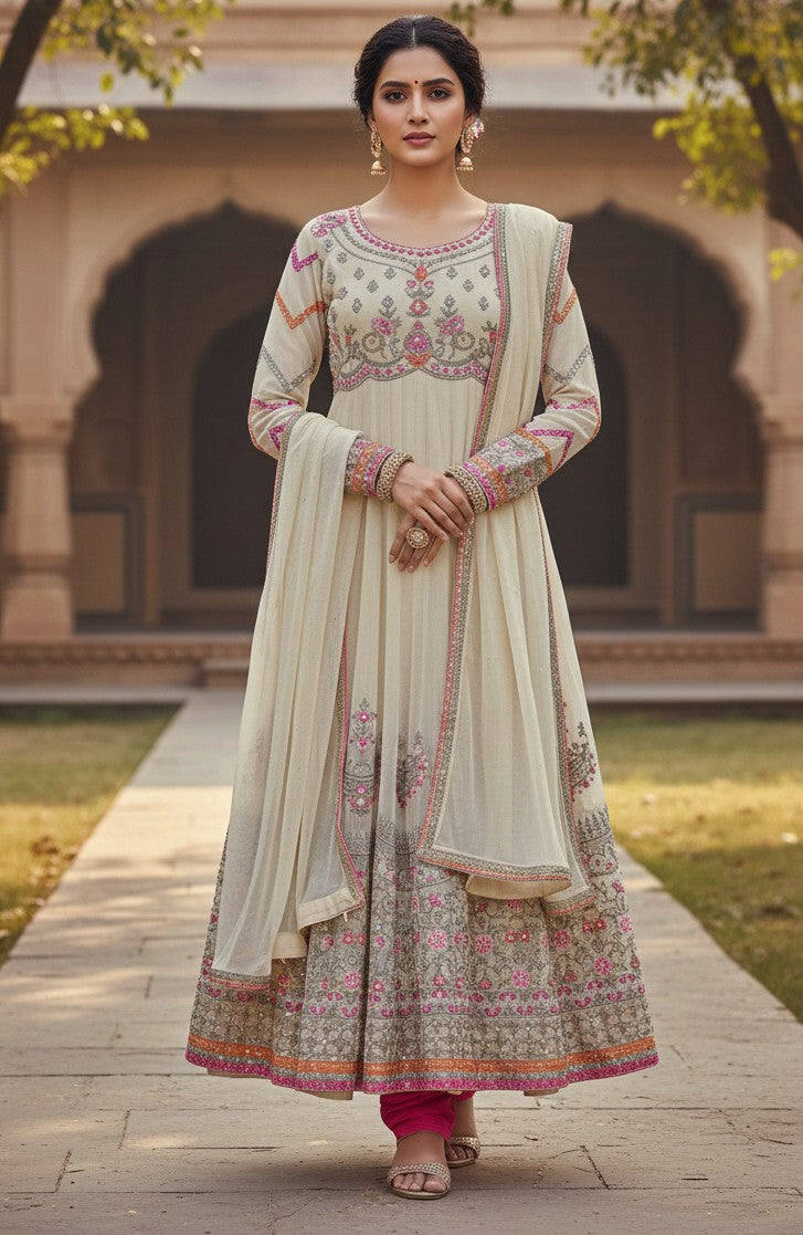 Chiffon Maxi with Embroidery & Thread Work, Grip Trouser & Chiffon Dupatta