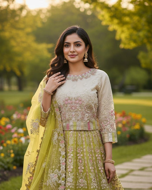 New Arrival Mehndi Outfit – Lahnga Style