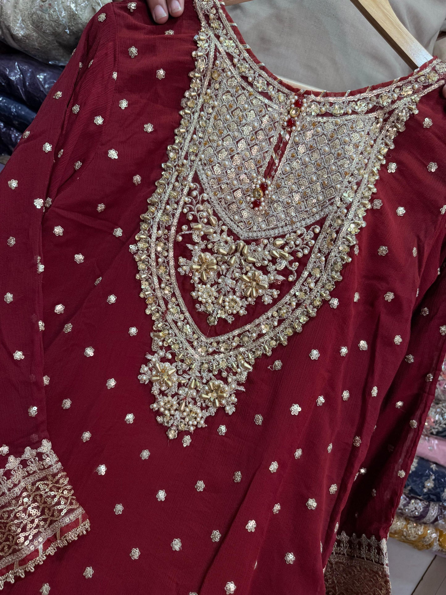 CHIFFON FABRIC 3-piece Long Embroidered Shirt With Ghrara