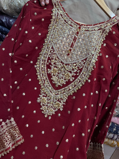 CHIFFON FABRIC 3-piece Long Embroidered Shirt With Ghrara