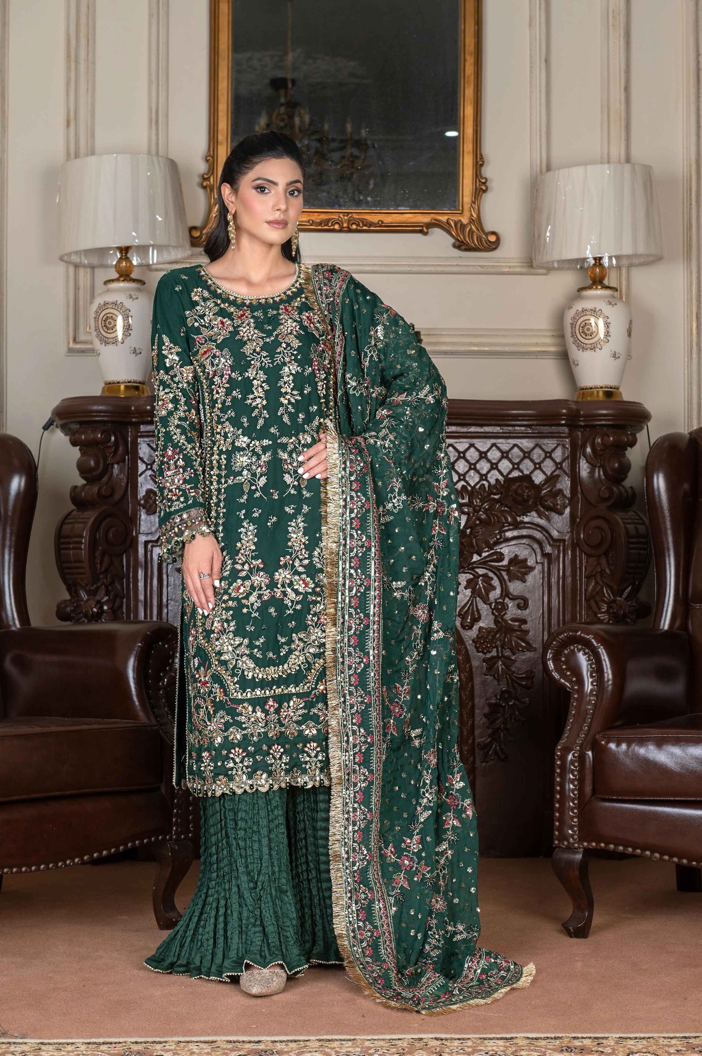 Hand-Embellished Chiffon Ensemble | Crushed Sharara Luxury Look