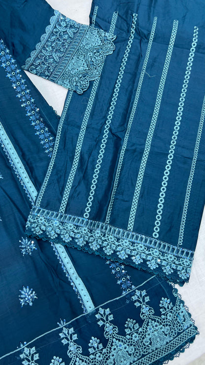 Heavy Embroidered Suit | Embroidered Shirt & Palazzo with Digital Print Dupatta and Cutwork Border