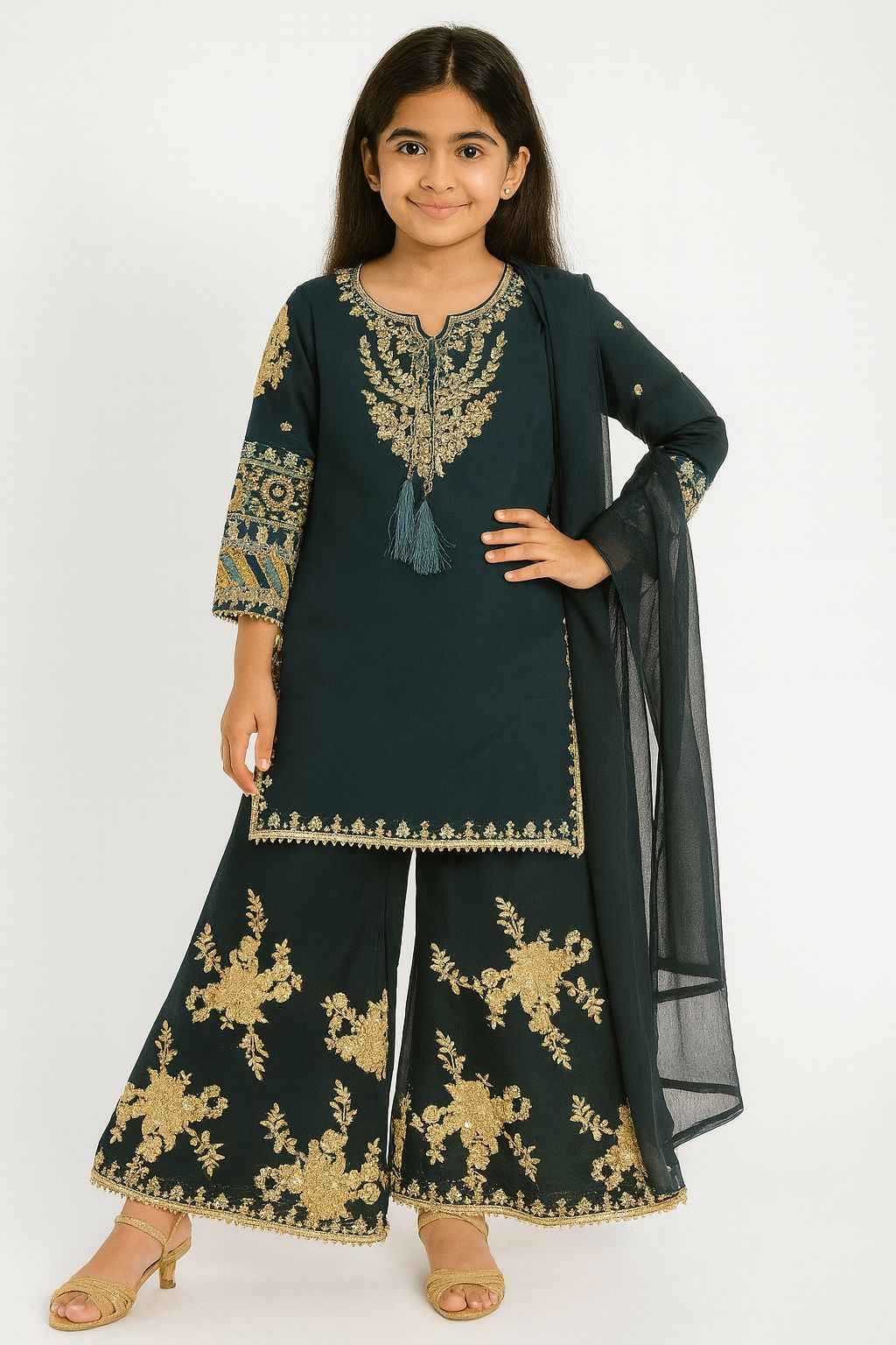 Kids Chiffon Dress | Embroidered Plazo & Multicolor Sleeve Work