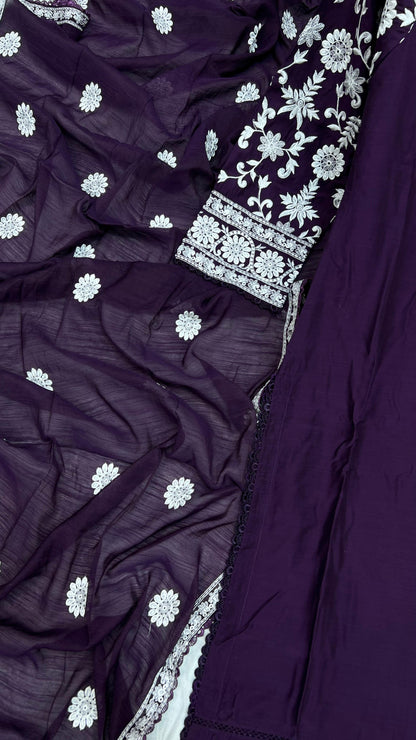 Viscose Embroidered Suit | Stylish Plazo Set with Organza Dupatta & Cutwork Border