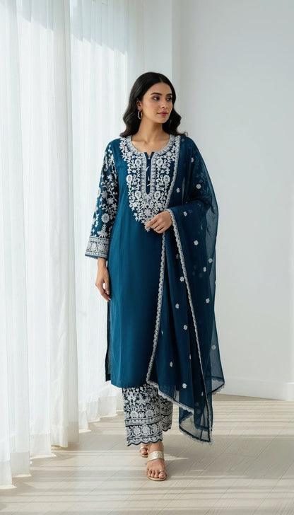 Viscose Embroidered Suit | Stylish Plazo Set with Organza Dupatta & Cutwork Border