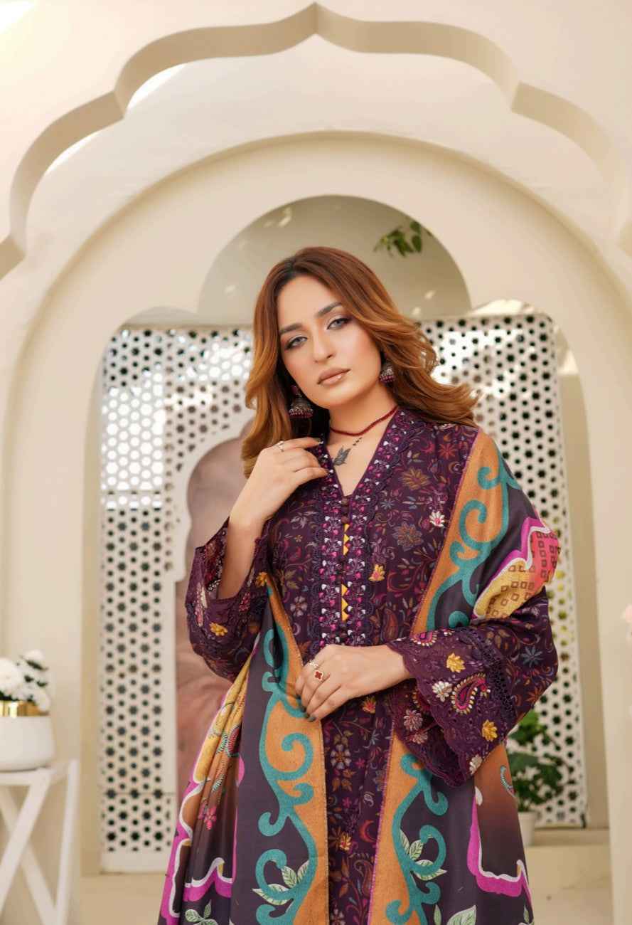 Dhanak Print Fabric Suit | Patch & Boring Work with Printed Shawl – Winter Collection