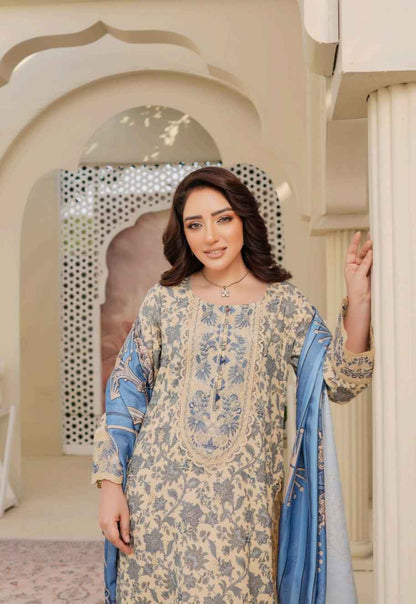 Dhanak Print Fabric Suit | Patch & Boring Work with Printed Shawl – Winter Collection