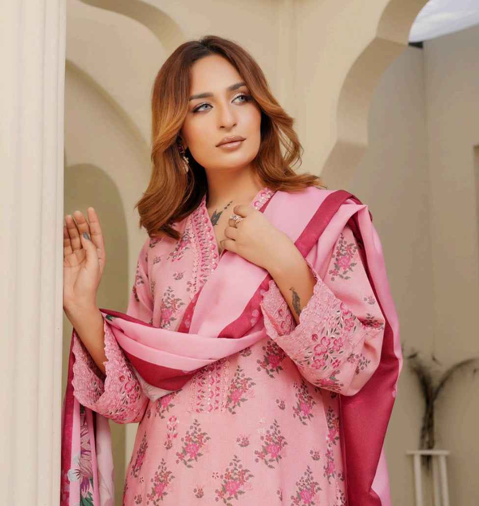 Dhanak Print Fabric Suit | Patch & Boring Work with Printed Shawl – Winter Collection