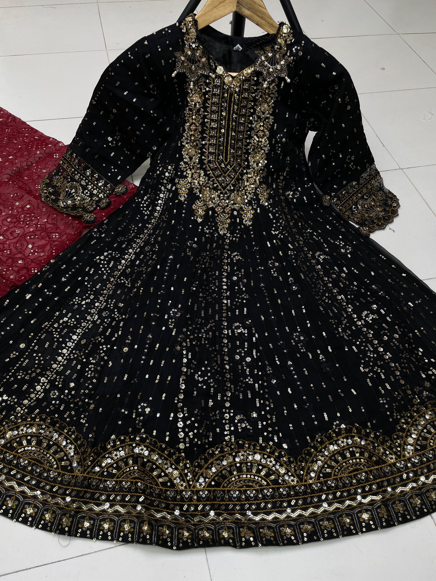 Elegant Heavy Embroidered Chiffon Dress for Kids – 3-Piece Set