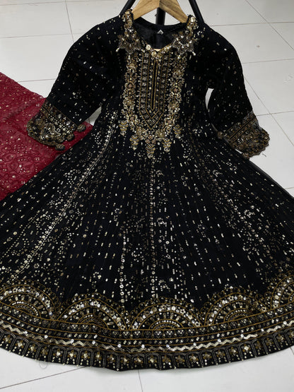 Elegant Heavy Embroidered Chiffon Dress for Kids – 3-Piece Set