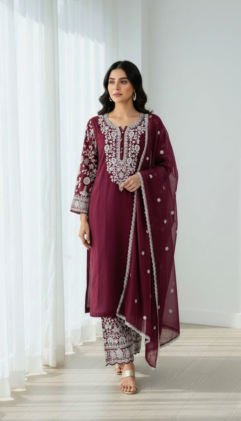 Viscose Embroidered Suit | Stylish Plazo Set with Organza Dupatta & Cutwork Border