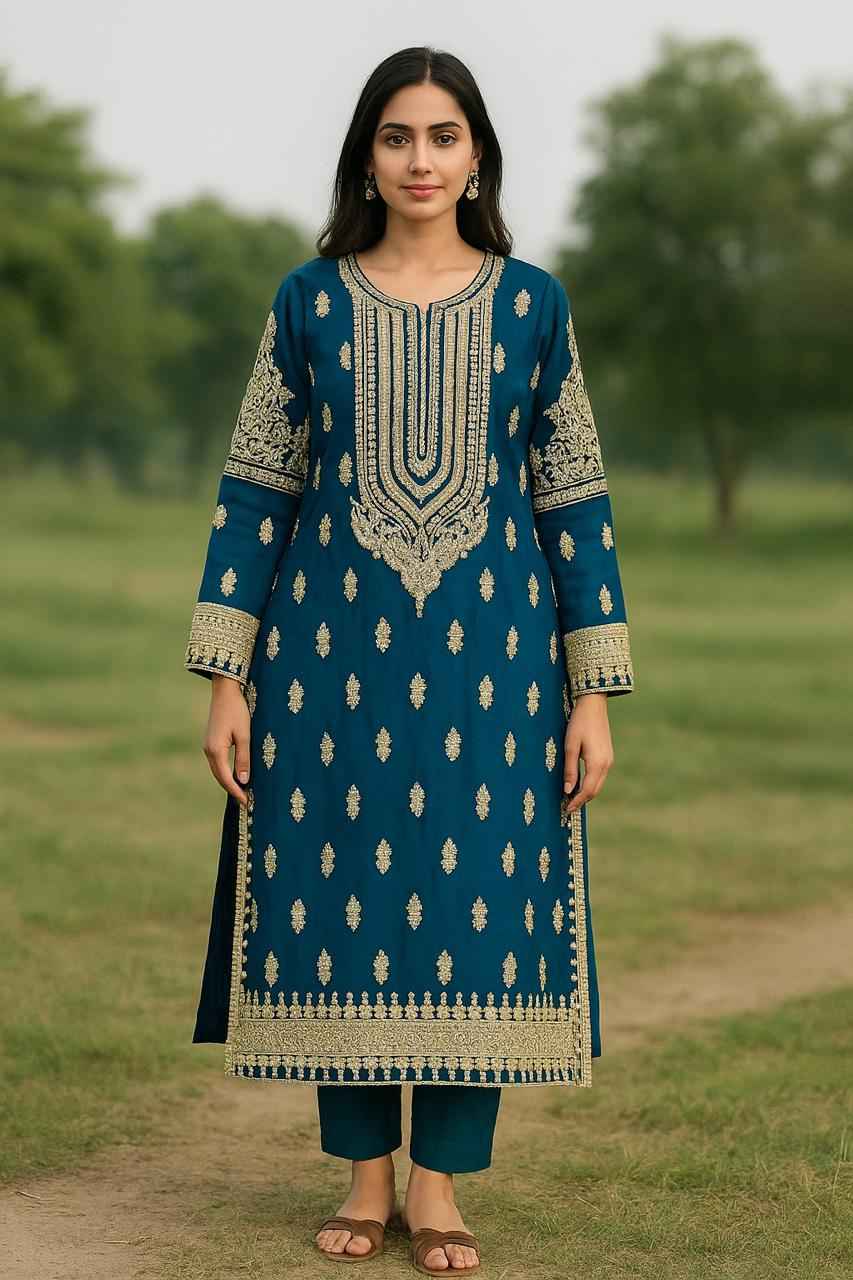 Elegant Chiffon Ensemble | Handmade Long Shirt, Trouser & Embroidered Dupatta